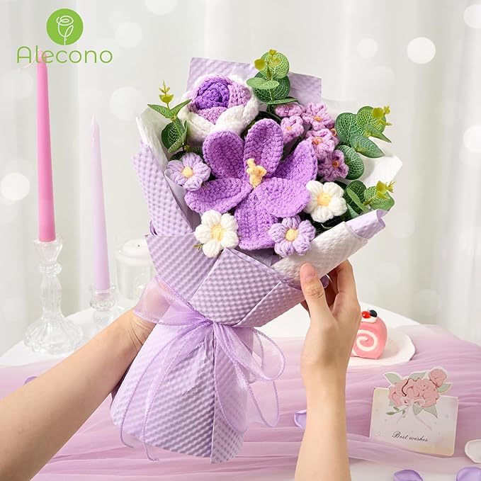 Alecono Crochet Flower Bouquet, Knitted Flowers, Purple Handmade Bouquet of Flowers for Lover Anniversary Birthday Party Mother's Day Graduation Gifts (Include Card)