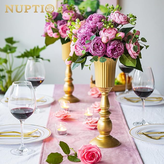 Nuptio Pcs of 2 Metal Trumpet Vase Elegant Wedding Centerpieces Vase for Party Decoration, 31.9cm/12.56" Tall Artificial Flower Arrangements for Anniversary Ceremony Gold