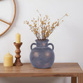 5.9in Rustic Ceramic Farmhouse Flower Small Vase, Black Terracotta Pottery Decorative Vases Distressed, Round Vases with Handles for Home Wabi Sabi Coffee Table Entryway Decor or Kitchen Utensils