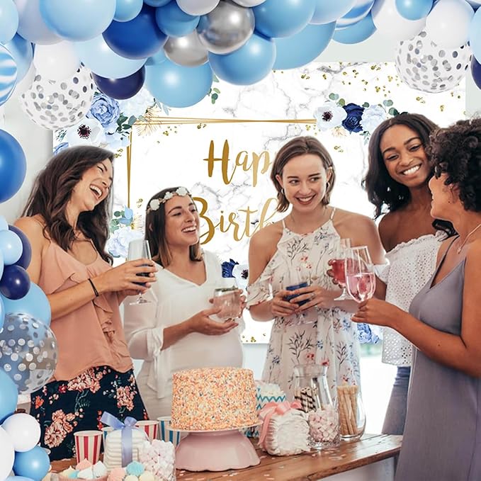 MEHOFOND 7x5ft Happy Birthday Backdrop Blue and White Flowers Bday Photography Background Girls Geometric Gold Glitter Dots Birthday Floral Party Decorations Cake Smash Decor Studio Photo Props