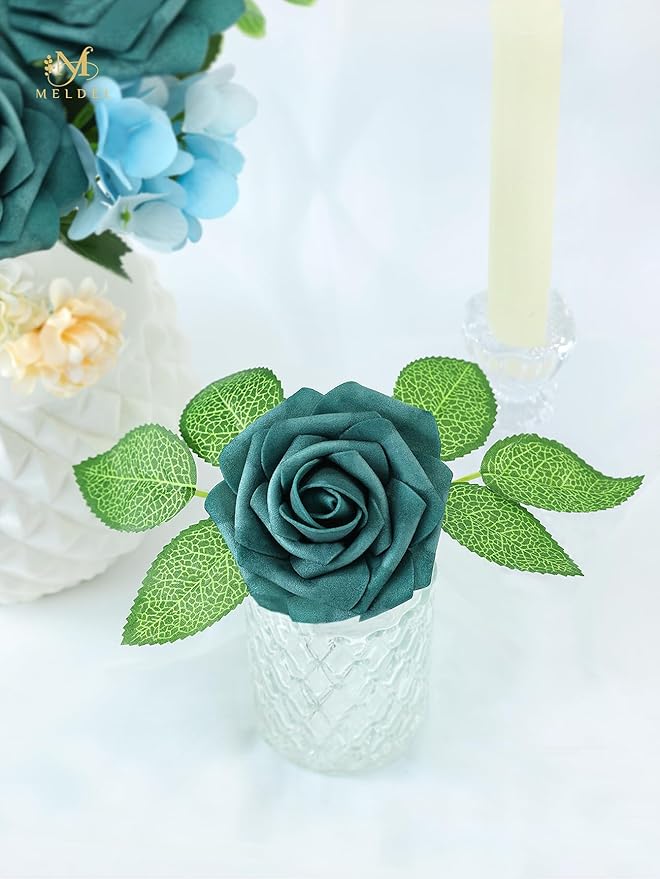 Meldel Artificial Flower 25pcs Real Touch Peacock Green Fake Foam Roses with Stems for DIY Wedding Bouquets Gifts Bridal Shower Faux Floral Centerpieces Arrangements Home Party Tables Decorations