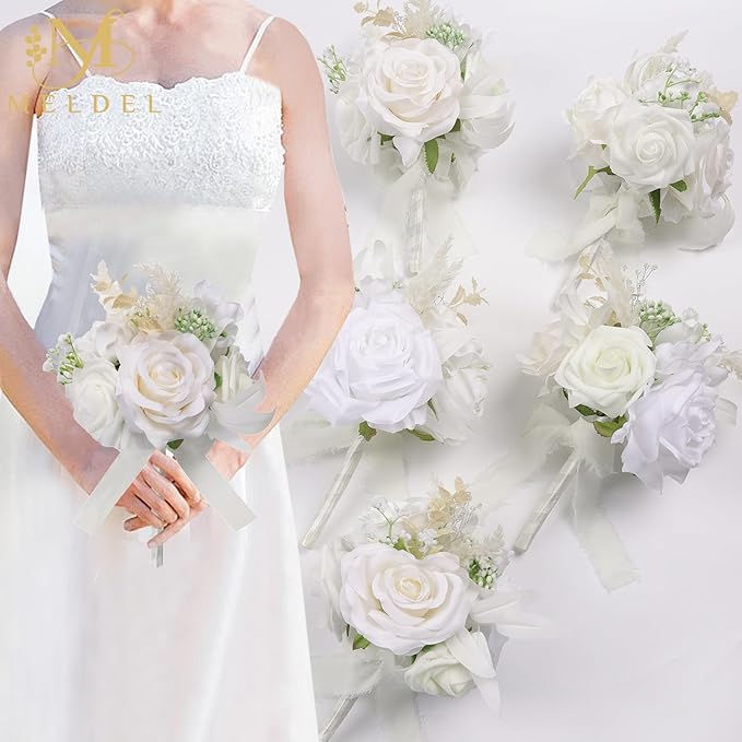 Meldel Set of 6 Wedding Flowers Fake Rose Mini Bridesmaid Bride Bouquets Ivory White Small Floral Wedding Centerpieces Decor Artificial Flower Arrangements for Tables Home Party Decorations