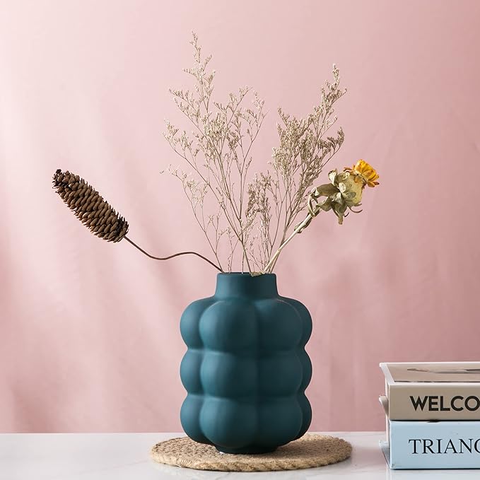 Ceramic Vase, Modern Dried Flower Vase, Blue Teal Vase with Raised Dots, Boho Home Decor for Centerpiece Wedding Dinner Table Party Living Room Office Bedroom, Housewarming Gift