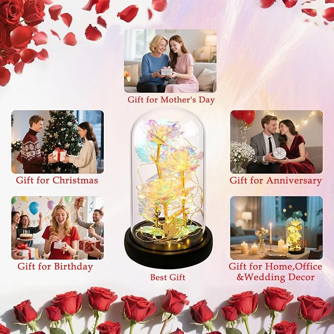Beauty and The Beast Rose,Christmas Flowers Gifts for Women,Colorful Rainbow Up Rose in A Glass Dome,Gifts for Mom,Women,Wife's,Grandma Wife Anniversary,Valentines,Thanksgiving,Birthday,Wedding