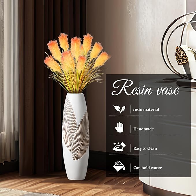 Modern Large Floor Vase White Home Decor Flower Vases 24.8 Inch Tall Resin Vase Tree Leaf Texture Decor Vases for Entryway Living Room Mantel