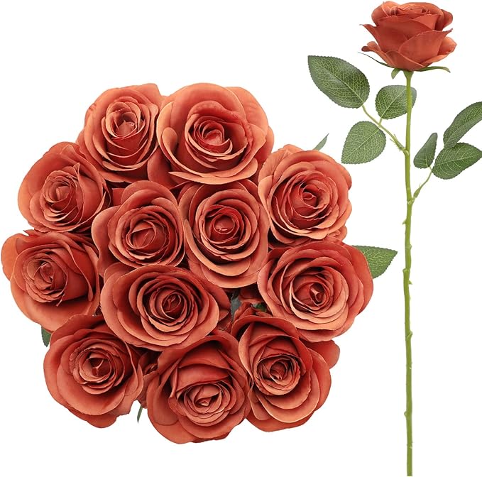 12pcs Roses Artificial Flowers Burnt Orange Fake Roses Flowers with Long Stems Silk Flowers for Wedding Bouquet Centerpices Decorations Party Bridal Baby Shower Home Decor