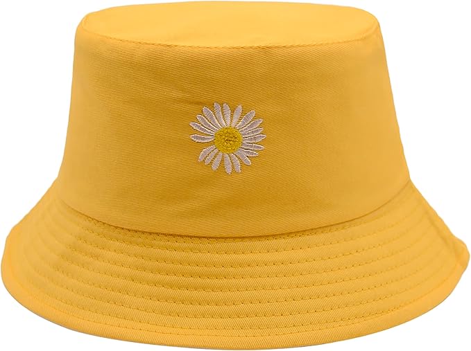 Flower Reversible Bucket Hat Cotton Summer Travel Beach Sun Hats Emboridery for Women Men