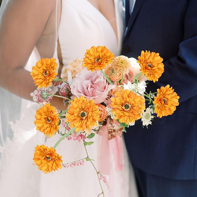 Orange Daisies Artificial Flowers Silk Flowers Gerber Daisy Artificial 10PCS 17.7in Fake Daisies for Wedding Bridal Bouquet Party Home Kitchen Decor(Orange)