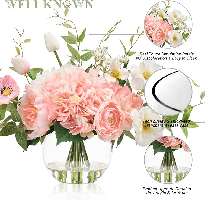 Artificial Flowers in Vase, WELL KNOWN Fake Silk Peony Tulip Hydrangea Pink & White Flower Bouquet Arrangement with Faux Water Centerpieces, Fake Flowers for Home Wedding Dining Table Party Decor Gift