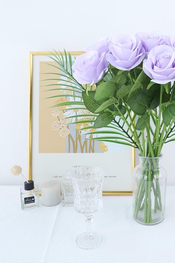 12pcs Lavender Roses Artificial Flowers Lliac Roses Purple Roses Fake Roses Flowers with Long Stems Silk Flowers for Wedding Bouquet Centerpices Decorations Party Bridal Baby Shower