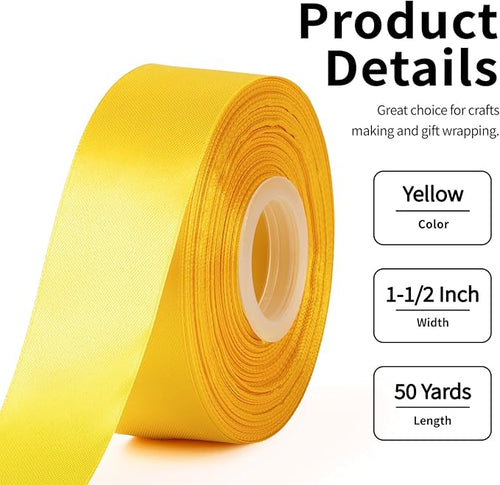 1-1/2 Inch Wide Yellow Satin Ribbon, 50 Yards Solid Polyester Fabric Ribbon for Roses Making, Gift Wrapping, Christmas, Wedding Decorations, Crafts, Bows