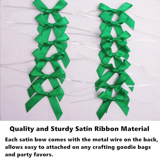 50 Pack Green Pretied Bows, 3" Satin Ribbon Twist Tie Bows for Treat Bags, Pre Tied Ribbon Bows Twist Tie for Crafts, Twist Bows Tied Bows with Wire for Gift Bags, Popcorn Bags, Candy Bags