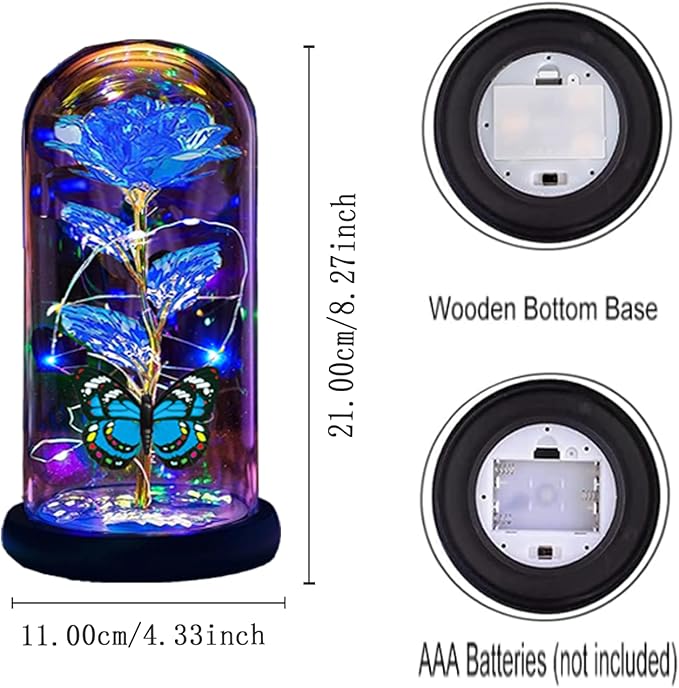 Christmas Rose for Women Mom Wife Her,Womens Gifts for Christmas,Light Up Rose Flower Gifts for Women,Glass Butterfly Gifts for Sister, Birthday Gifts for Mom Blue