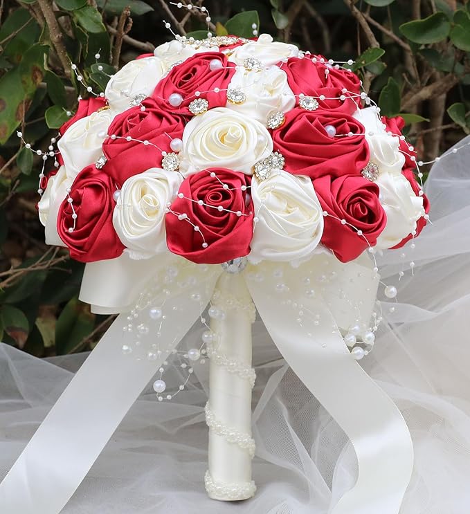 Bridal Wedding Bouquet Round Bling Brooch Bouquet Throw Toss Artificial Rose Flower Bunch for Bride Bridesmaid Wedding Quinceanera(Ruby Red & Ivory, 8.7")