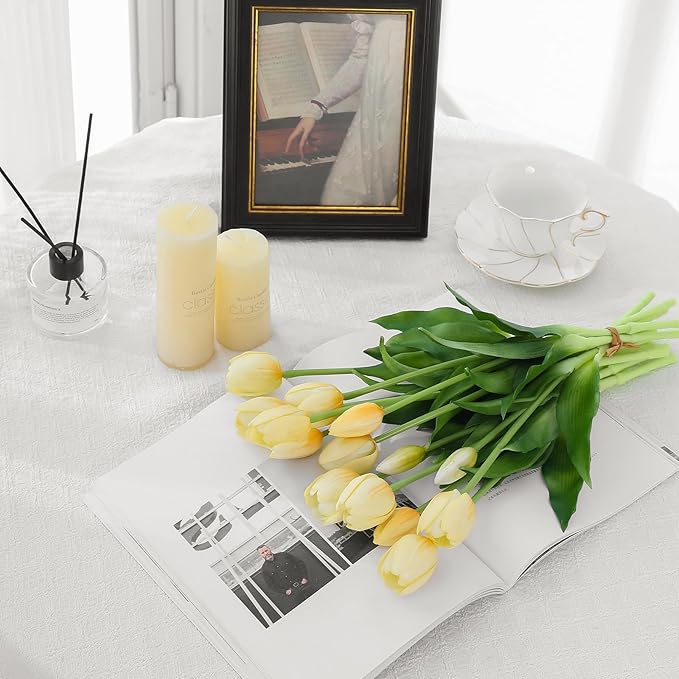 15PCS Artificial Tulips Real Touch Autumu White Faux Latex Flowers Lifelike Fake Tulip Bouquet Flowers Arrangements for Wedding Home Kitchen Garden Table Party Decoration