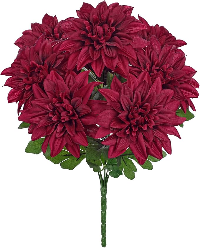 Hollyone Dark Red Artificial Dahlia Flowers Bush 7 Heads Silk Fake Dahlias Flowers with Stems Wedding Bouquets Faux Dahlia Flowers Arrangements for Outdoor Indoor DIY Table Centerpieces Home Decor