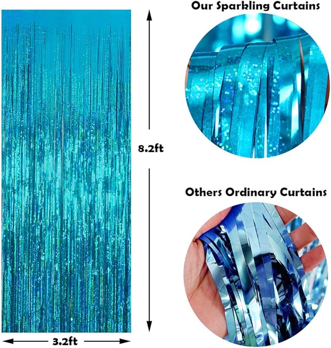 Melsan 2 Pack 3.2 ft x 8 ft Teal Tinsel Foil Fringe Curtains Backdrop, Blue Sparkle Metallic Foil Curtains for Ocean Birthday Party Decorations