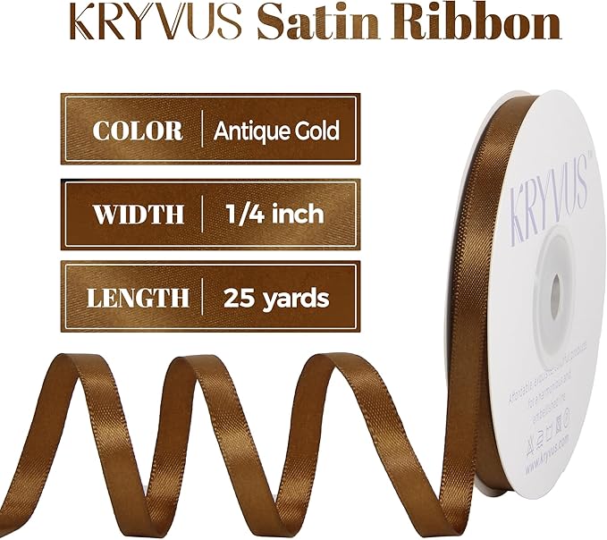 Antique Gold Satin Ribbon, Double Faced 1/4 Inch X 25 Yards Antique Gold Ribbon, Premium Satin Ribbon for Gift Wrapping, Crafts, Hair Bow Making, Sewing, Flower Bouquet, Wedding Party Decor