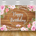 Pink Flowers Happy Birthday Banner Brown Wooden Floral Happy Birthday Backdrop for Women Golden Frame Glitter Lights Photography Background for 20th 30th Women Girl Party Decorations 5.9x3.6Ft