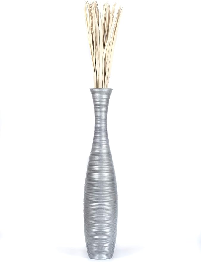 Leewadee Large Silver Home Decor Floor Vase - Wooden 41 inch Tall Farmhouse Decor Flower Holder for Fake Plant and Pampas Grass
