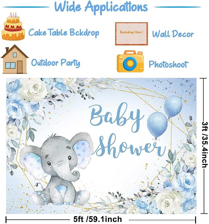 Elephant Baby Shower Backdrop Blue Flower It's A Boy Elephant Baby Shower Party Decoration Photography Background Little Peanut Cake Table Banner Photoshoot Supplies 5x3ft