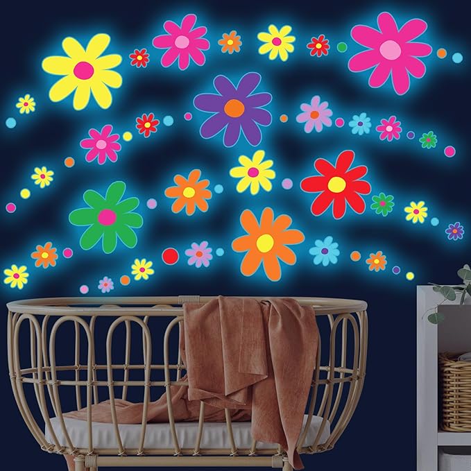 Glow in The Dark Big Daisy Wall Decals，Glowing Luminous Daisy Wall Stickers Colorful Removable self-Adhesive Boho Flower Decals for Girls Bedroom Kids Baby Nursery Living Room Decor