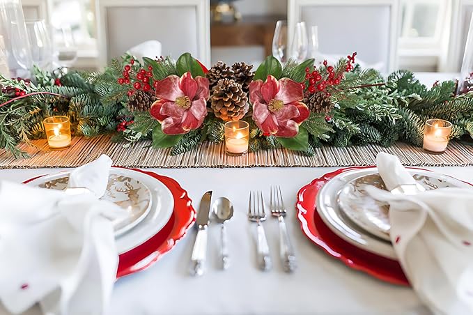 Briful 2 Pack 18.9in Christmas Magnolia Flower Branches, Artificial Magnolia Floral Picks and Spray with Pinecones Berries for Xmas Tree Vase Arrangements Decor