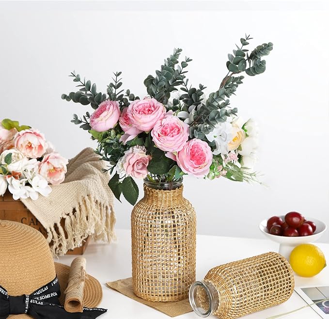 WHJY Boho Glass Vase, Rattan Vase, Farmhouse Rattan Décor, Round Flower Vase Basket Vase for Floral Arrangements -8 inch