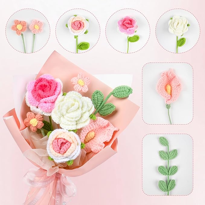 Crochet Flower Bouquet, Pink Rose Handmade Crochet Flowers Knitted Bouquet for Birthday, Wedding, Anniversary, Graduation Gift for Her, Girlfriend, Wife, Women (Pink)