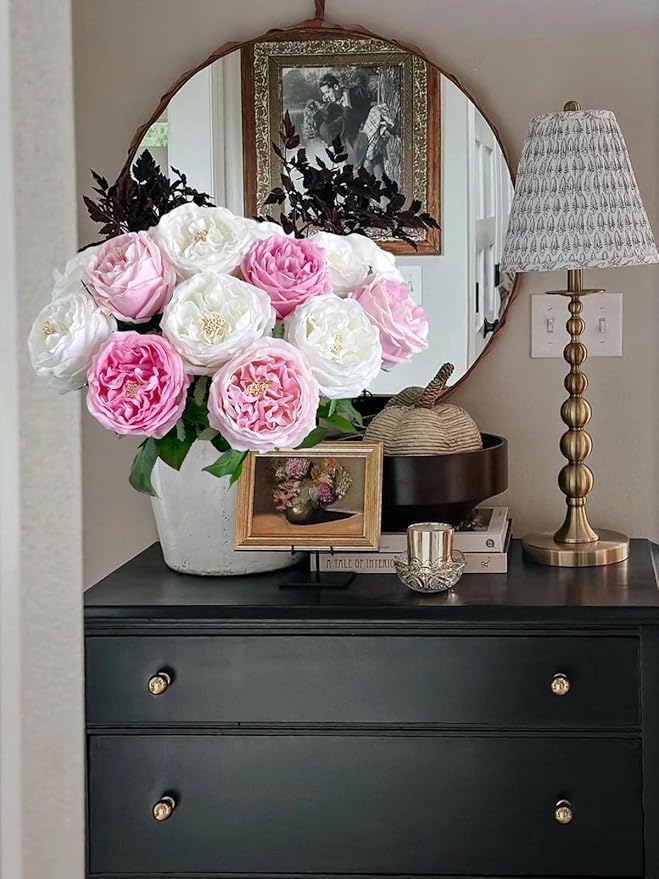 YalzoneMet 3.5'' Big Bloom Rose Artificial Flowers Light Pink 4Pcs Real Touch Rose Faux 17.7 Inch Long Stem Austen Roses Peonies Fake Flowers for Home Kitchen Party Christmas Flower Wedding Decor