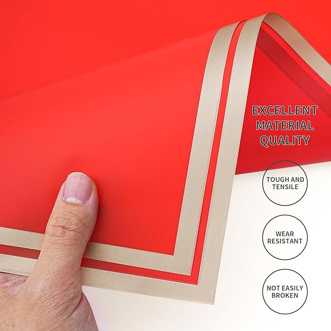 Bupduq 30 Sheets Red Gold Edge Flower Bouquet Wrapping Paper，Florist Supplies Waterproof Floral Bouquet Wrapping Paper Bouquet Accessorie，Flower Shop Packaging Pape for DIY Gift Wedding Birthday