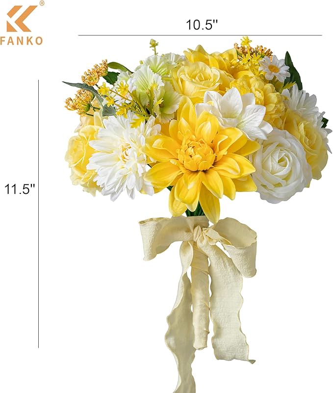 FANKO Artificial Flowers Yellow Rose, Mixed Fake Silk Flowers Combo Cream White Rose Yellow Dahlia Spring Assorted Blooms for DIY Wedding Bridal Bouquets/Centerpieces/Home Decor