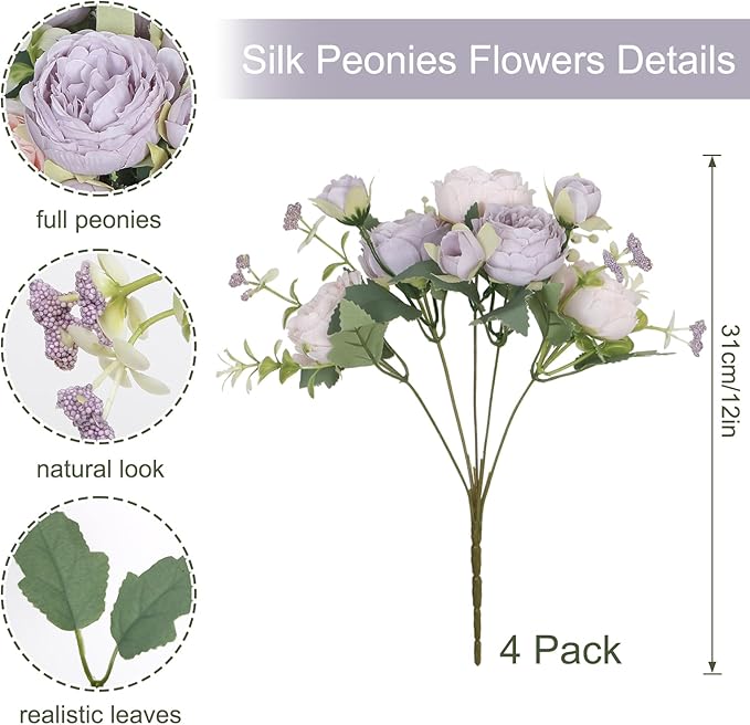 SOMYTING Peonies Artificial Flowers, Fake Flowers Purple Peonies Faux Flowers Vintage Artificial Silk Flower Peonies Bouquets Floral Arrangements Home Wedding Party Table Decor (Pink Purple, 4PCS)