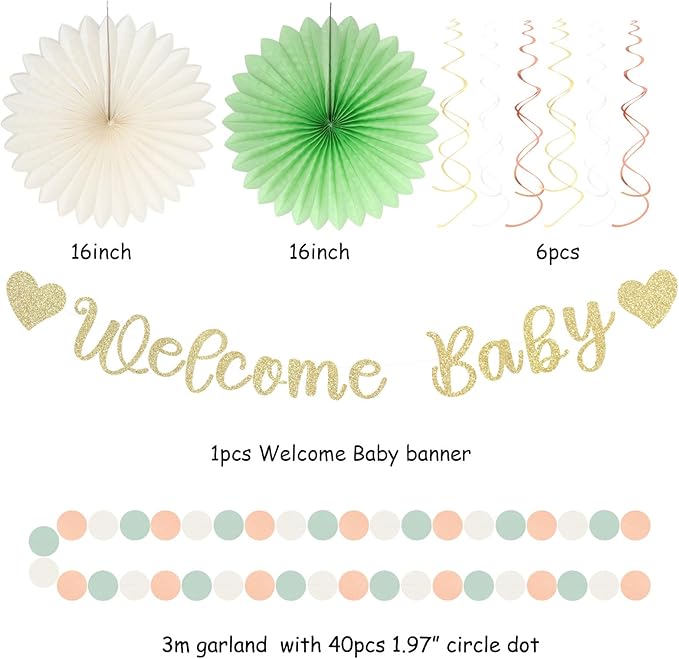 Sage-Green Blush-Beige Baby Shower Party-Decorations - 21pcs Girls Welcome Baby Banner,Light Dusty Pink Paper Lanterns Pom Poms,Safari Woodland Boho Neutral Streamers Garland Decor Favors Huglony