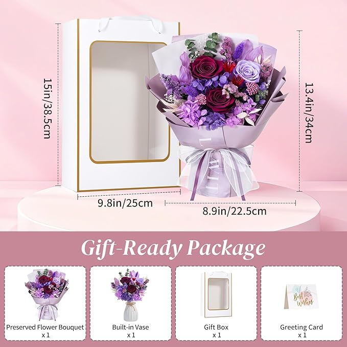 Lewondr Flower for Delivery, Preserved Flowers Bouquet, Purple Roses Bouquet, Real Long-Lasting Forever Birthday Flowers Gifts for Mom Grandma Women Mothers Day Anniversary Christmas, Purple