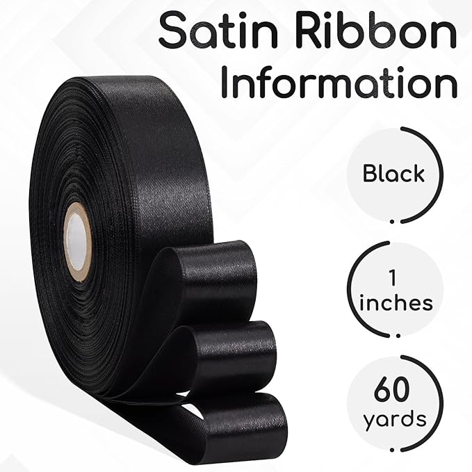 Black Satin Ribbon 1 Inch, 60 Yards Fabric Ribbon for Gift Wrapping, Hair, Crafts, Graduation Wreaths, Flower Bouquet, Invitation Cards, Halloween