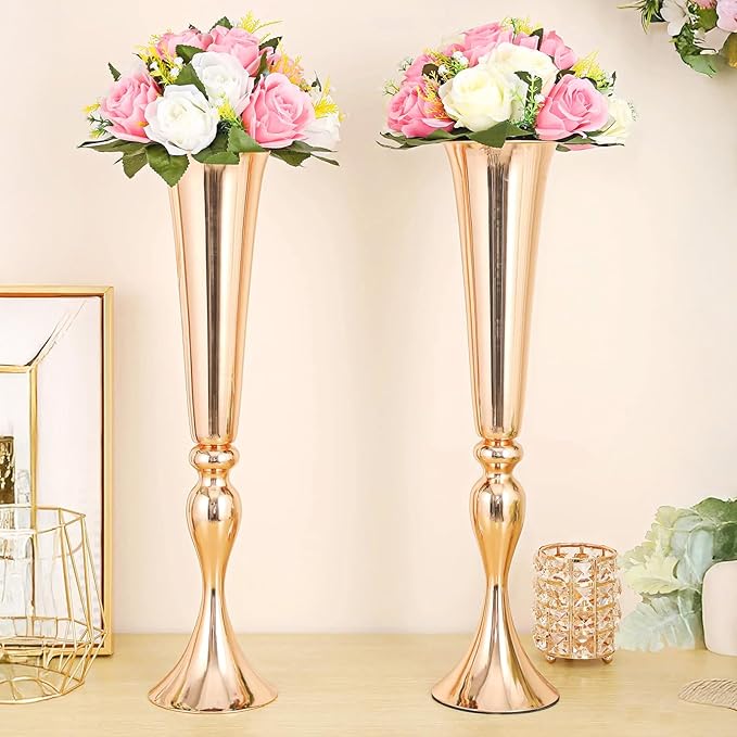 JIEYAO 2 Pcs 22" Tall Gold Vases for Centerpieces, Metal Trumpet Flower Stand Table Decoration Vase for Wedding Party Arrangement