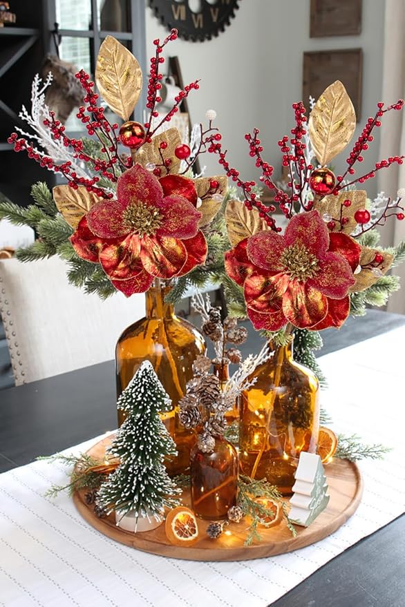 Briful 2PCS Christmas Glitter Magnolia Flowers Picks and Spray with Christmas Balls Ornament Red Berries Gold Leaves Branches for Xmas Tree Wreath Vase Floral Arrangement (Red Gold)