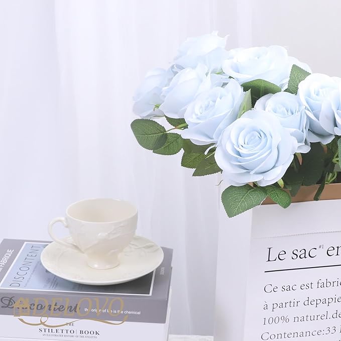 52pcs Light Blue Roses Artificial Flowers Fake Flowers Silk Roses with Stems for DIY Wedding Bouquets Bridal Shower Centerpieces Arrangements Party Decorations