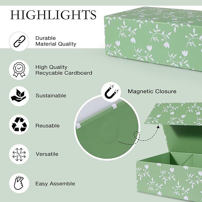 Green Leaves Gift Box with Magnetic Lids 13.8x8.3x4.4 in, Large Bridesmaid Proposal Boxes, Rectangle Wedding Decorative Storage Box 1 Pack