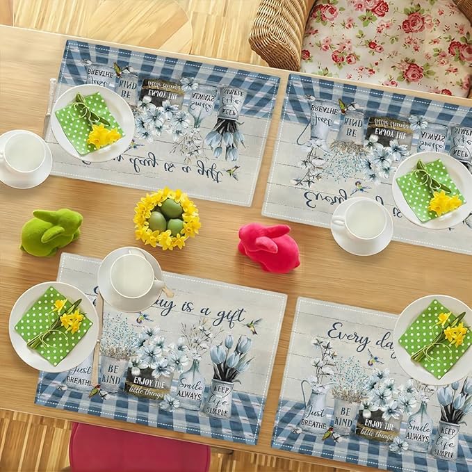 Farmhouse Spring Flower Placemats Set of 4 Every Day is A Gift Rustic Floral Double-Sided Table Mats for Dining Room Home Party Indoor 4 PCS 12x18 Inch