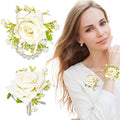 2pcs White Rose Corsage and Boutonniere Set Pearl Wristband Bracelet Artificial Corsage Brooch,Wedding Bouquet for Bride and Groom for Wedding Prom Party Corsage Wristband Flower Accessories Decor
