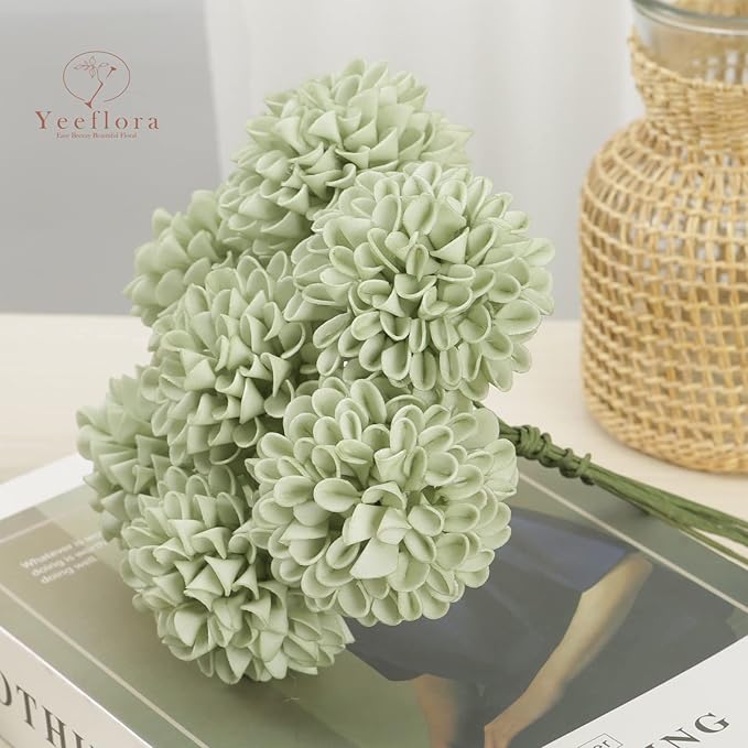 Artificial Flowers, 25pcs Realistic Artificial Rose for DIY Wedding Bouquets Centerpieces Arrangements, Sage Green Dahlia Flowers with Stem for Bridal Shower Party Home Decorations