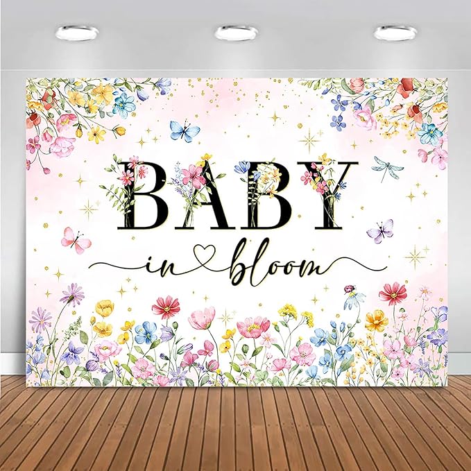 Mocsicka Wildflower Backdrop Baby in Bloom Floral Baby Shower Decorations Girls Butterfly Golden Dot A Little Wildflower is On The Way Decorations for Baby Shower Background Banner