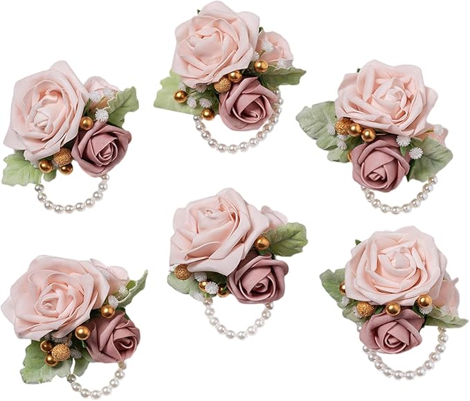 Meldel Dusty Pink Wrist Corsage,Set of 6, Homecoming Wrist Flower Girl/Mother Corsages Wristlet Perfect for Bride Bridesmaids Wedding Guests Hand Flower, Proms, Party, Ceremony Anniversary