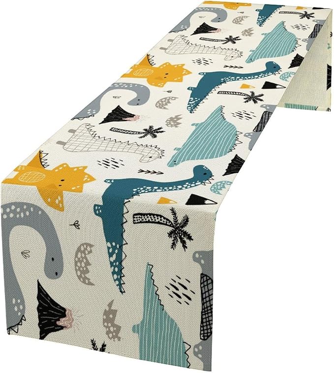 Cartoon Dinosaur Table Runner,Kids Boys Cute Various Dino Moutain Modern Abstract Print Tablecloth Burlap for Hotel Indoors Outdoor Dining Room Kitchen Holiday Party, 13x108in