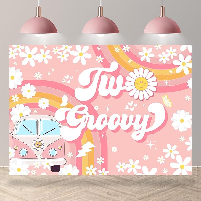 Two Groovy 2nd Birthday Backdrop for Girls Daisy Flower Boho Rainbow Photography Background Retro Hippie Peace Love Second Birthday Party Decorations Banner Supplies Photo Booth Props 7x5ft