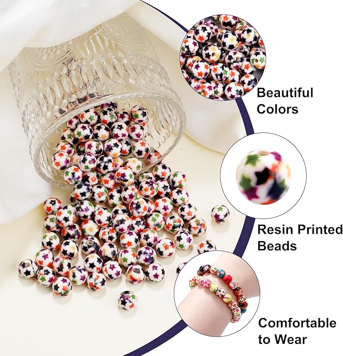 100 PCS 10mm Resin Beads Bulk for Bracelet Making Kit, Colorful Five-Pointed Star Printed White Round Loose Beads for Jewelry Earring Necklace Rings Art Craft DIY Projects