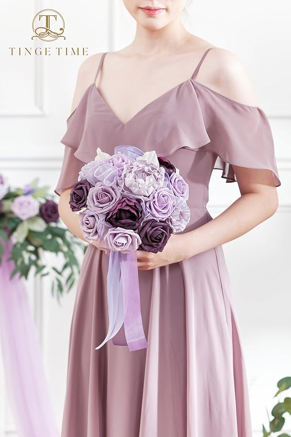 TINGE TIME 7 Inch Artificial Flowers Wedding Bouquets for Bridesmaid, Set of 4, Lavender Bride Tossing Bouquet for Wedding Ceremony Festivals Bridal Shower Rehearsal Dinner Vintage Party