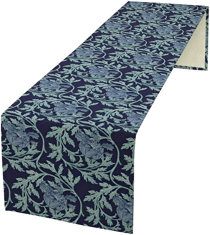 Vintage William Morris Table Runner, Retro Blue Floral Botanical Plant Farmhouse Design Table Runner for Kitchen Dining Party Holiday Decortaion, 13x108 Inch